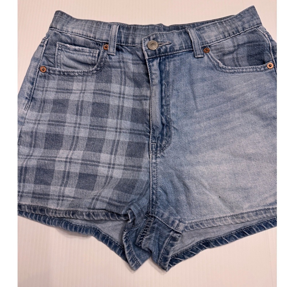 American Eagle Womens Plaid Mixed Pattern Denim Shorts Light Wash Size 2
